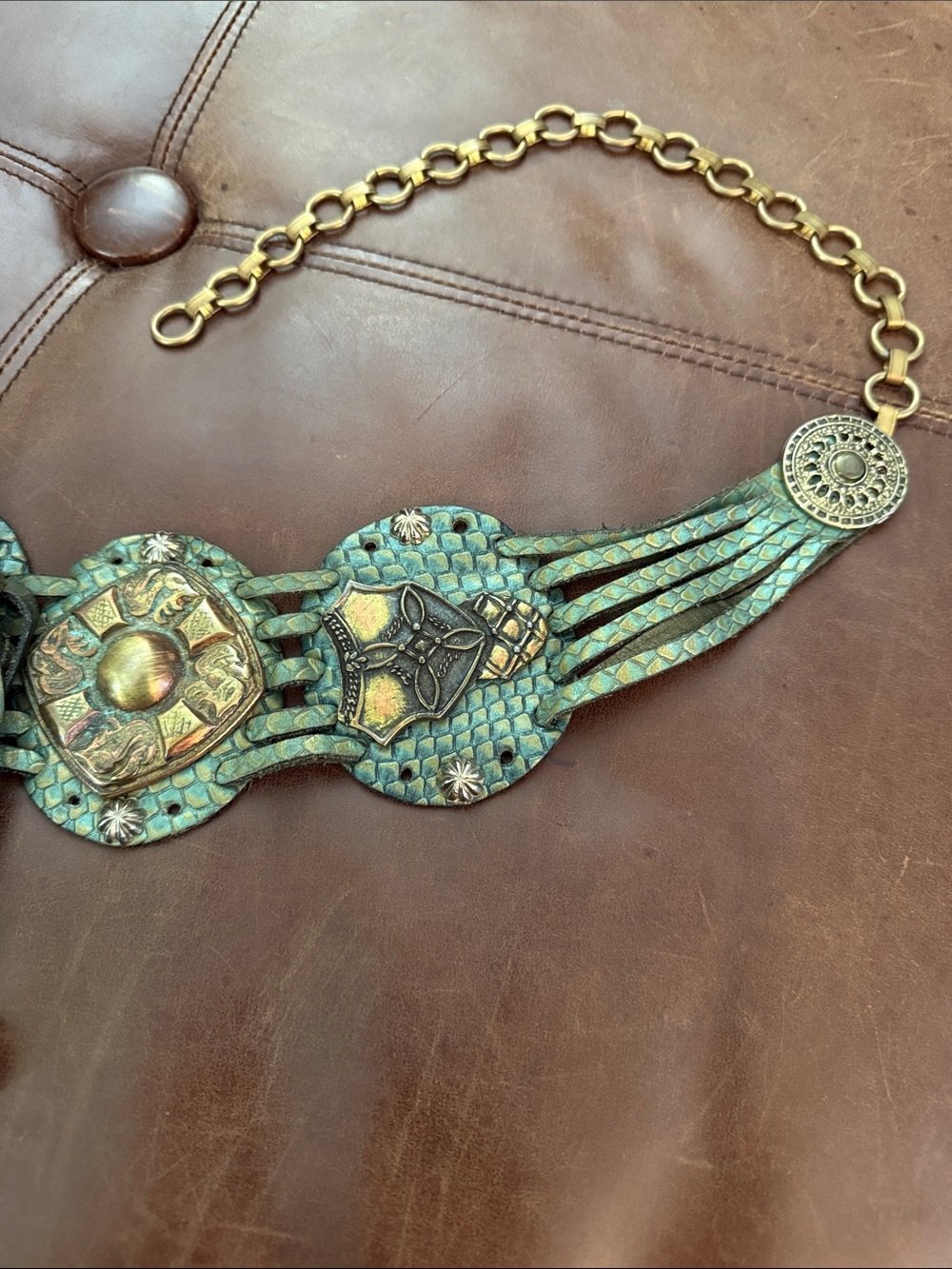 Vintage Leather Waist Belt with Solid medallions. OS - Picture 4 of 13